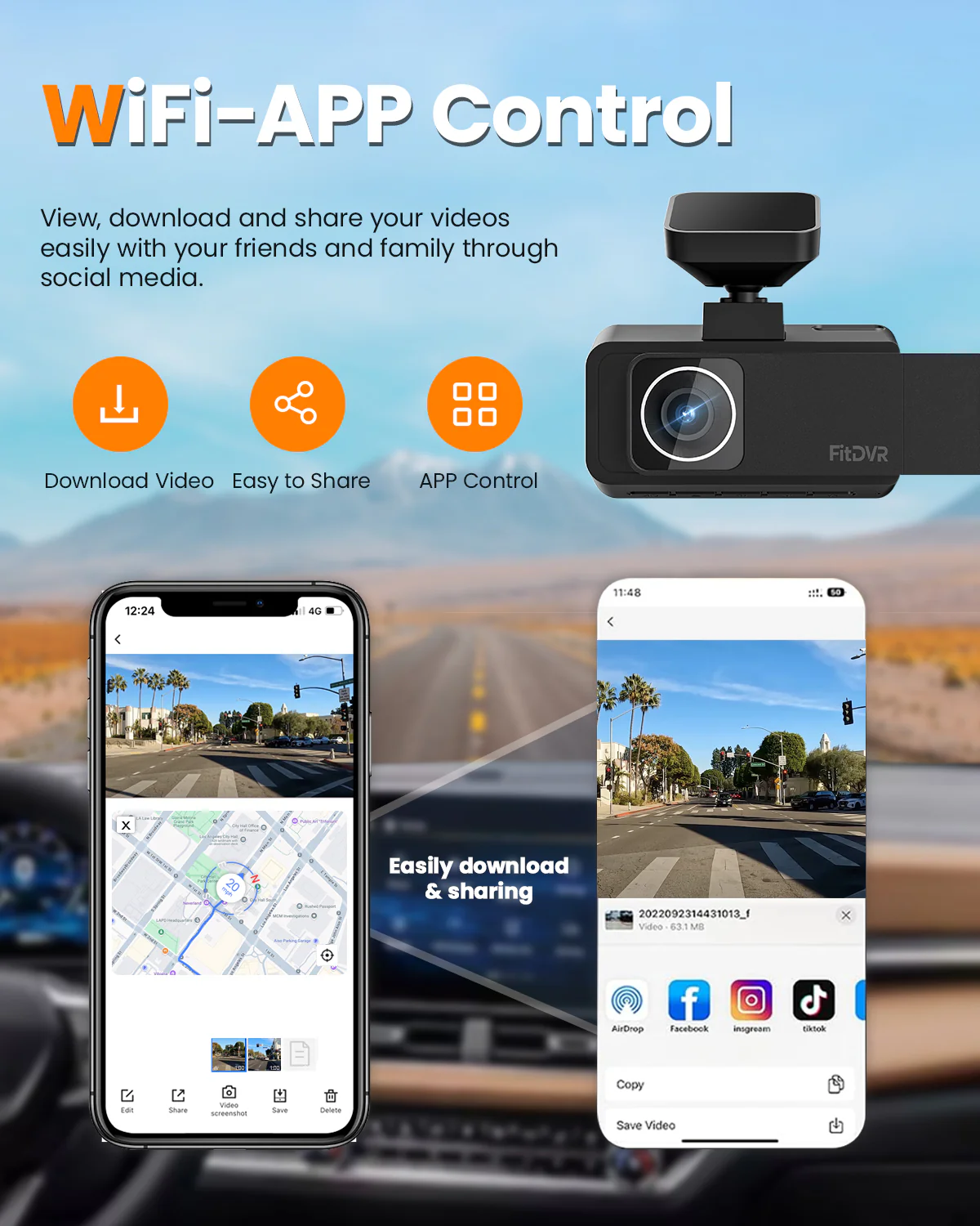 FitDVR 4K 3 Channel Dash Cam, 2160P+1080P+1080P Front and Rear Inside Car Camera with 64GB Card, WiFi Built-in GPS, 3“ IPS Screen, IR Night Vision (F3) - Image 5
